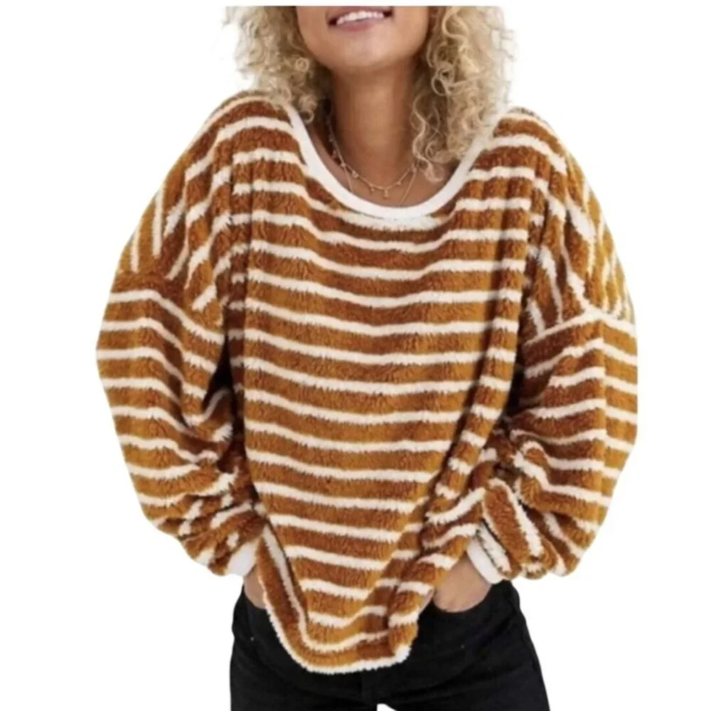 Free People Breton Mustard White Striped Oversized Cozy Sweater Size S